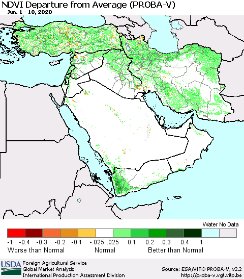 Middle East and Turkey NDVI Departure from Average (PROBA-V) Thematic Map For 6/1/2020 - 6/10/2020