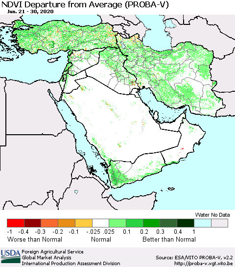 Middle East and Turkey NDVI Departure from Average (PROBA-V) Thematic Map For 6/21/2020 - 6/30/2020