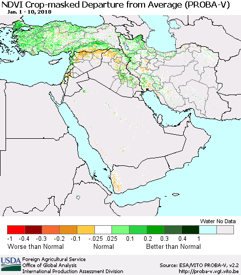 Middle East and Turkey NDVI Crop-masked Departure from Average (PROBA-V) Thematic Map For 1/1/2018 - 1/10/2018