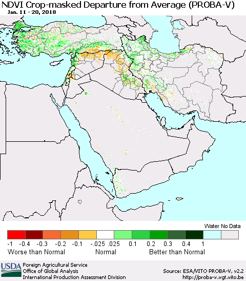 Middle East and Turkey NDVI Crop-masked Departure from Average (PROBA-V) Thematic Map For 1/11/2018 - 1/20/2018