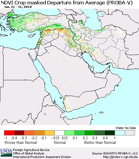 Middle East and Turkey NDVI Crop-masked Departure from Average (PROBA-V) Thematic Map For 1/21/2018 - 1/31/2018