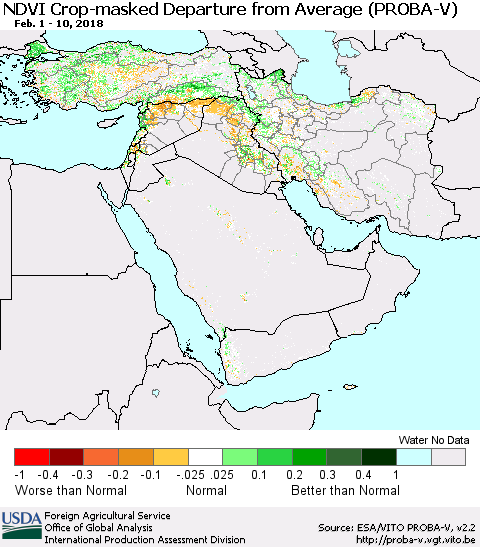 Middle East and Turkey NDVI Crop-masked Departure from Average (PROBA-V) Thematic Map For 2/1/2018 - 2/10/2018