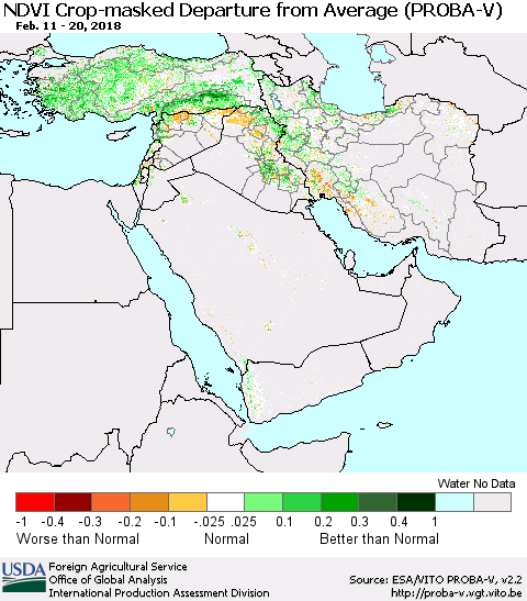 Middle East and Turkey NDVI Crop-masked Departure from Average (PROBA-V) Thematic Map For 2/11/2018 - 2/20/2018