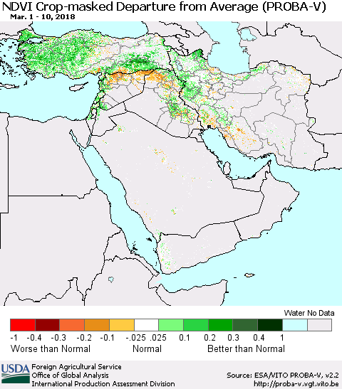 Middle East and Turkey NDVI Crop-masked Departure from Average (PROBA-V) Thematic Map For 3/1/2018 - 3/10/2018