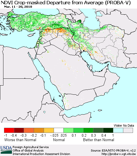 Middle East and Turkey NDVI Crop-masked Departure from Average (PROBA-V) Thematic Map For 3/11/2018 - 3/20/2018
