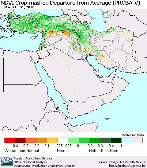 Middle East and Turkey NDVI Crop-masked Departure from Average (PROBA-V) Thematic Map For 3/21/2018 - 3/31/2018