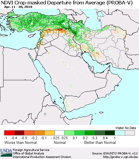 Middle East and Turkey NDVI Crop-masked Departure from Average (PROBA-V) Thematic Map For 4/11/2018 - 4/20/2018