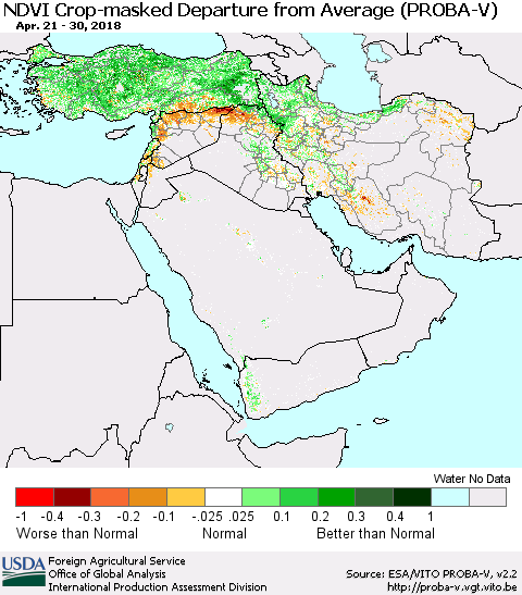 Middle East and Turkey NDVI Crop-masked Departure from Average (PROBA-V) Thematic Map For 4/21/2018 - 4/30/2018