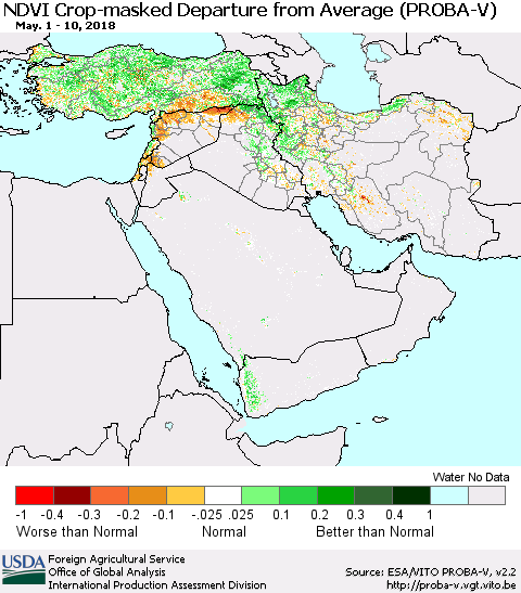 Middle East and Turkey NDVI Crop-masked Departure from Average (PROBA-V) Thematic Map For 5/1/2018 - 5/10/2018