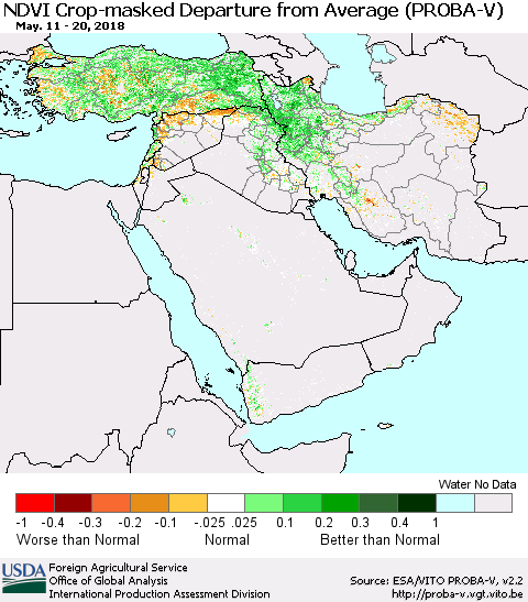 Middle East and Turkey NDVI Crop-masked Departure from Average (PROBA-V) Thematic Map For 5/11/2018 - 5/20/2018
