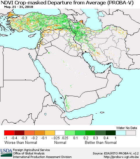 Middle East and Turkey NDVI Crop-masked Departure from Average (PROBA-V) Thematic Map For 5/21/2018 - 5/31/2018