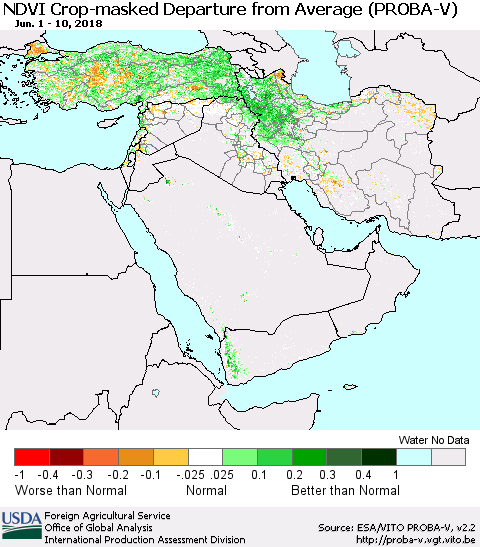 Middle East and Turkey NDVI Crop-masked Departure from Average (PROBA-V) Thematic Map For 6/1/2018 - 6/10/2018