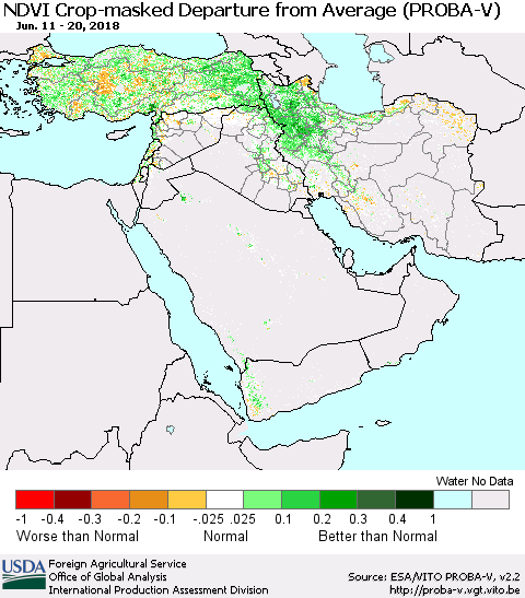 Middle East and Turkey NDVI Crop-masked Departure from Average (PROBA-V) Thematic Map For 6/11/2018 - 6/20/2018