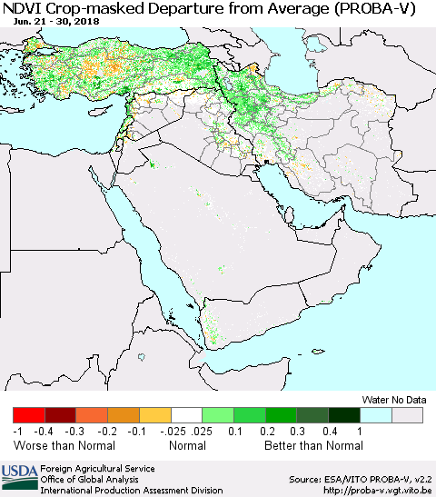 Middle East and Turkey NDVI Crop-masked Departure from Average (PROBA-V) Thematic Map For 6/21/2018 - 6/30/2018