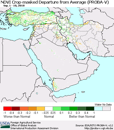 Middle East and Turkey NDVI Crop-masked Departure from Average (PROBA-V) Thematic Map For 9/1/2018 - 9/10/2018
