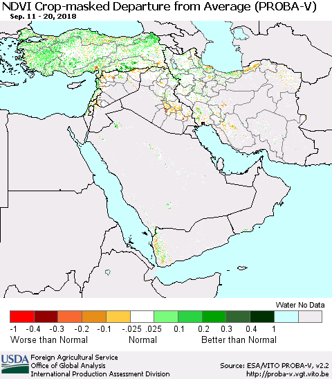 Middle East and Turkey NDVI Crop-masked Departure from Average (PROBA-V) Thematic Map For 9/11/2018 - 9/20/2018