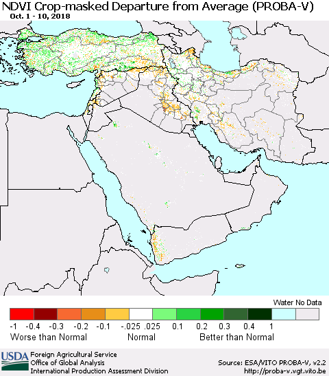 Middle East and Turkey NDVI Crop-masked Departure from Average (PROBA-V) Thematic Map For 10/1/2018 - 10/10/2018