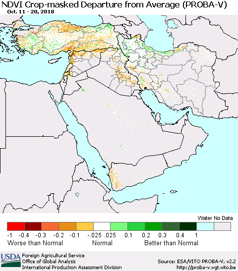 Middle East and Turkey NDVI Crop-masked Departure from Average (PROBA-V) Thematic Map For 10/11/2018 - 10/20/2018