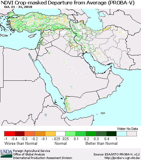 Middle East and Turkey NDVI Crop-masked Departure from Average (PROBA-V) Thematic Map For 10/21/2018 - 10/31/2018
