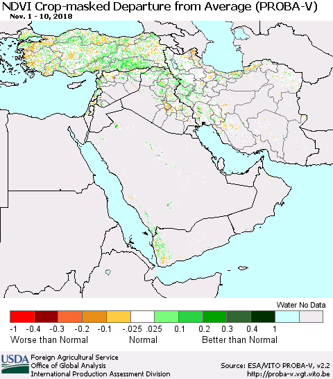 Middle East and Turkey NDVI Crop-masked Departure from Average (PROBA-V) Thematic Map For 11/1/2018 - 11/10/2018