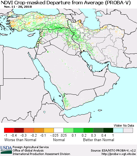 Middle East and Turkey NDVI Crop-masked Departure from Average (PROBA-V) Thematic Map For 11/11/2018 - 11/20/2018