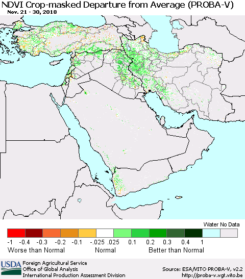 Middle East and Turkey NDVI Crop-masked Departure from Average (PROBA-V) Thematic Map For 11/21/2018 - 11/30/2018