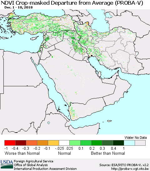 Middle East and Turkey NDVI Crop-masked Departure from Average (PROBA-V) Thematic Map For 12/1/2018 - 12/10/2018