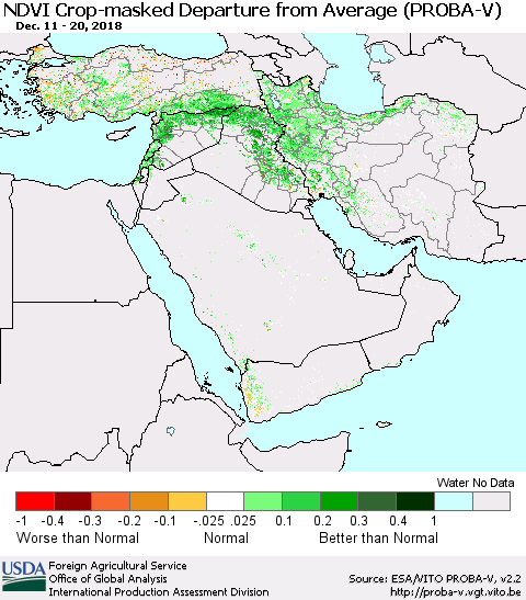 Middle East and Turkey NDVI Crop-masked Departure from Average (PROBA-V) Thematic Map For 12/11/2018 - 12/20/2018
