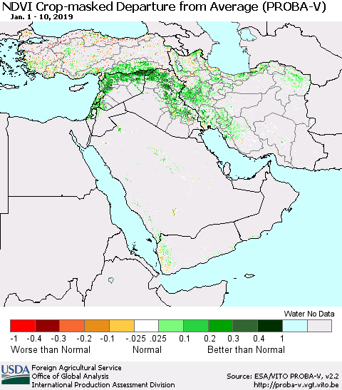 Middle East and Turkey NDVI Crop-masked Departure from Average (PROBA-V) Thematic Map For 1/1/2019 - 1/10/2019
