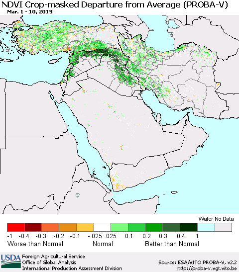 Middle East and Turkey NDVI Crop-masked Departure from Average (PROBA-V) Thematic Map For 3/1/2019 - 3/10/2019