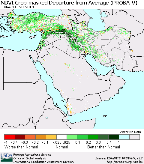 Middle East and Turkey NDVI Crop-masked Departure from Average (PROBA-V) Thematic Map For 3/11/2019 - 3/20/2019