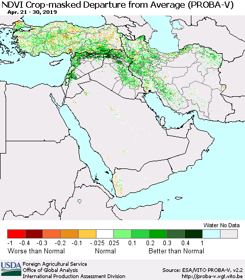 Middle East and Turkey NDVI Crop-masked Departure from Average (PROBA-V) Thematic Map For 4/21/2019 - 4/30/2019