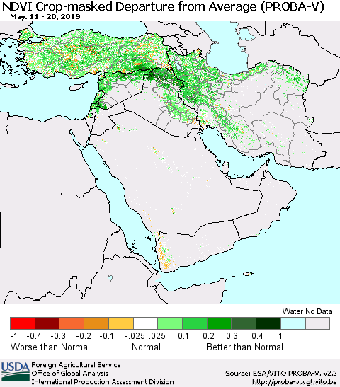 Middle East and Turkey NDVI Crop-masked Departure from Average (PROBA-V) Thematic Map For 5/11/2019 - 5/20/2019