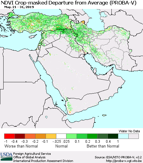 Middle East and Turkey NDVI Crop-masked Departure from Average (PROBA-V) Thematic Map For 5/21/2019 - 5/31/2019