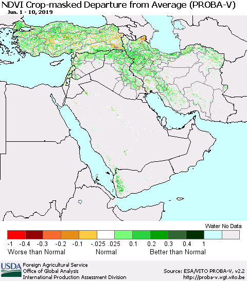 Middle East and Turkey NDVI Crop-masked Departure from Average (PROBA-V) Thematic Map For 6/1/2019 - 6/10/2019