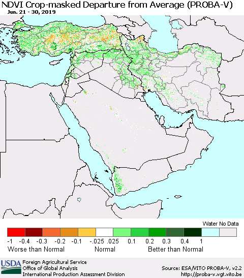 Middle East and Turkey NDVI Crop-masked Departure from Average (PROBA-V) Thematic Map For 6/21/2019 - 6/30/2019