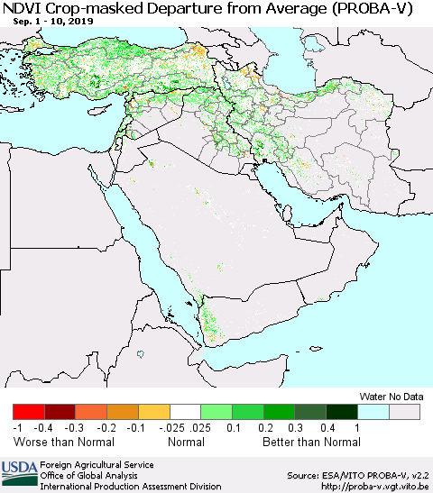 Middle East and Turkey NDVI Crop-masked Departure from Average (PROBA-V) Thematic Map For 9/1/2019 - 9/10/2019