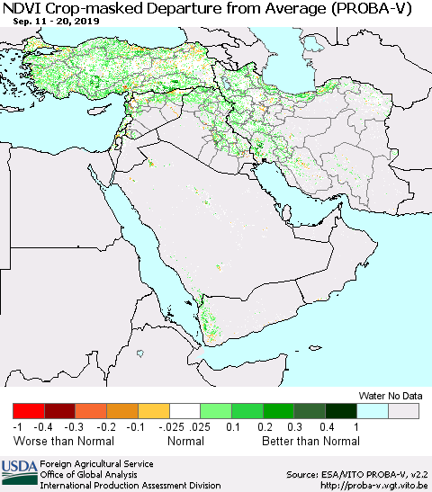 Middle East and Turkey NDVI Crop-masked Departure from Average (PROBA-V) Thematic Map For 9/11/2019 - 9/20/2019