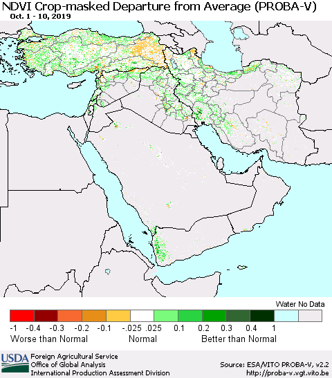 Middle East and Turkey NDVI Crop-masked Departure from Average (PROBA-V) Thematic Map For 10/1/2019 - 10/10/2019