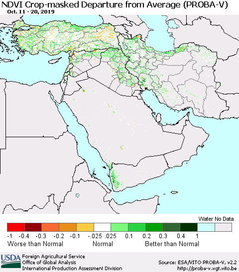 Middle East and Turkey NDVI Crop-masked Departure from Average (PROBA-V) Thematic Map For 10/11/2019 - 10/20/2019