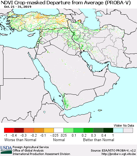 Middle East and Turkey NDVI Crop-masked Departure from Average (PROBA-V) Thematic Map For 10/21/2019 - 10/31/2019