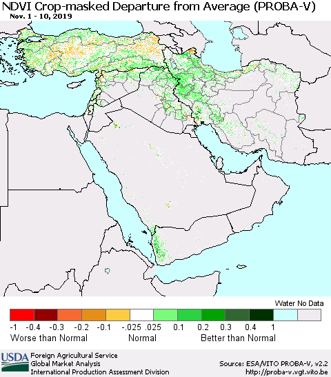 Middle East and Turkey NDVI Crop-masked Departure from Average (PROBA-V) Thematic Map For 11/1/2019 - 11/10/2019