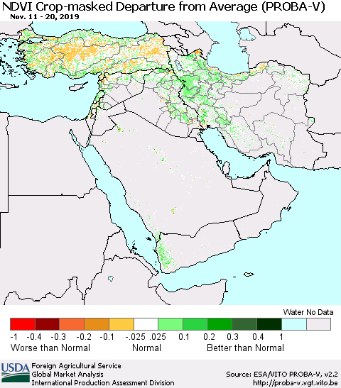 Middle East and Turkey NDVI Crop-masked Departure from Average (PROBA-V) Thematic Map For 11/11/2019 - 11/20/2019