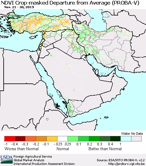 Middle East and Turkey NDVI Crop-masked Departure from Average (PROBA-V) Thematic Map For 11/21/2019 - 11/30/2019