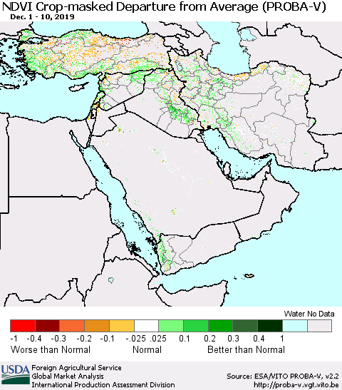 Middle East and Turkey NDVI Crop-masked Departure from Average (PROBA-V) Thematic Map For 12/1/2019 - 12/10/2019