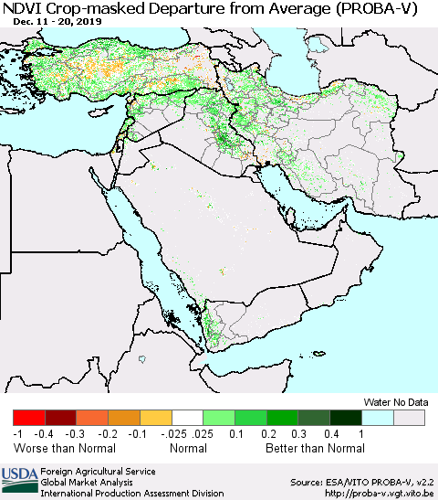 Middle East and Turkey NDVI Crop-masked Departure from Average (PROBA-V) Thematic Map For 12/11/2019 - 12/20/2019