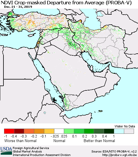 Middle East and Turkey NDVI Crop-masked Departure from Average (PROBA-V) Thematic Map For 12/21/2019 - 12/31/2019