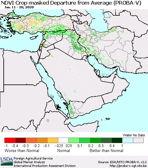Middle East and Turkey NDVI Crop-masked Departure from Average (PROBA-V) Thematic Map For 1/11/2020 - 1/20/2020