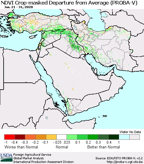 Middle East and Turkey NDVI Crop-masked Departure from Average (PROBA-V) Thematic Map For 1/21/2020 - 1/31/2020