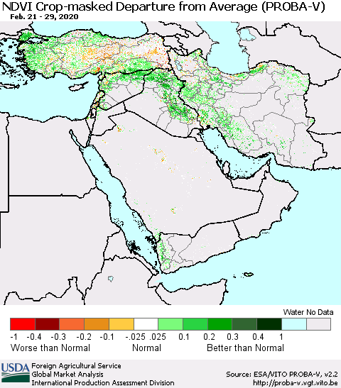 Middle East and Turkey NDVI Crop-masked Departure from Average (PROBA-V) Thematic Map For 2/21/2020 - 2/29/2020